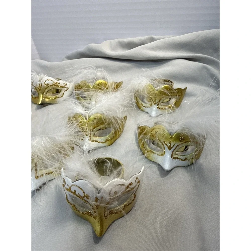 12 Masquerade Mask Napkin Rings Gold White Feather Mardi Gras Party Decor